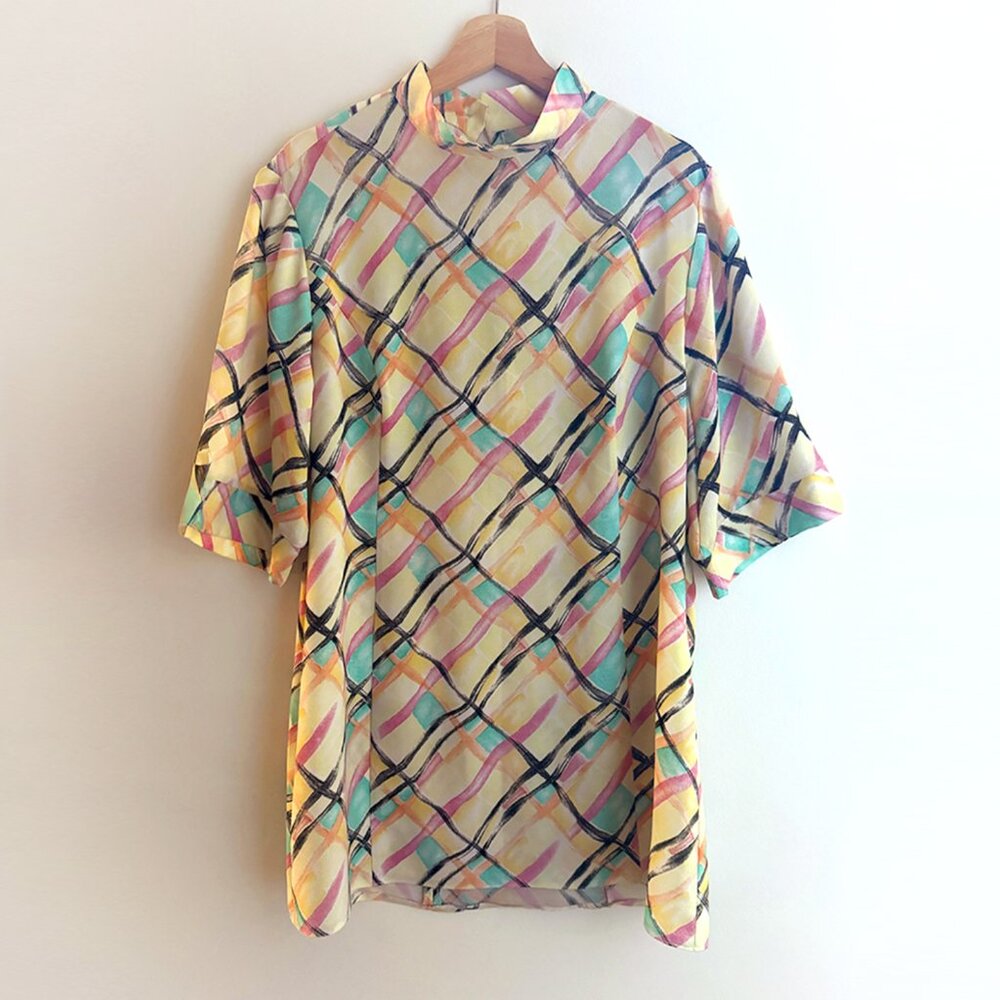 Vintage 70s Tunic Oversized Mini Baby Doll Style Dress Funky Pattern